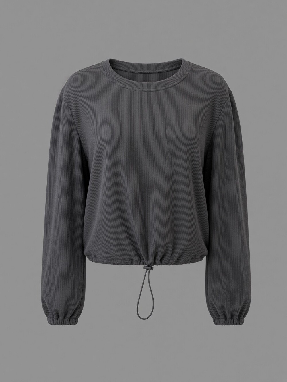 Drawstring Hem Ribbed Crewneck Sweater - Charcoal Gray